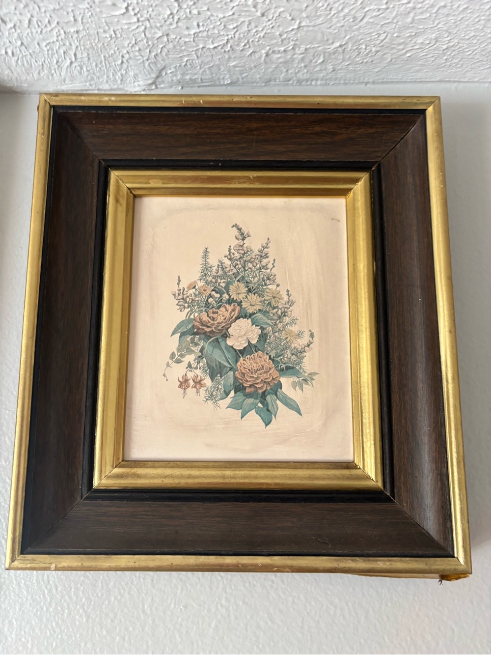 Vintage Framed Floral Wall Art in Gold and Dark Wood